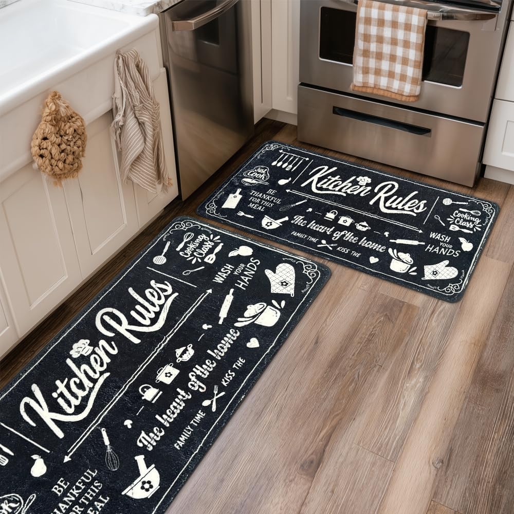 Kitchen Mats 20x47inch High Pile Rug,Thickened Kitchen Rug Kitchen Rules Theme Rugs Waterproof Non-Slip Rugs Comfort Standing Mat for Kitchen, Laundry Room, Farmhouse Home Decor