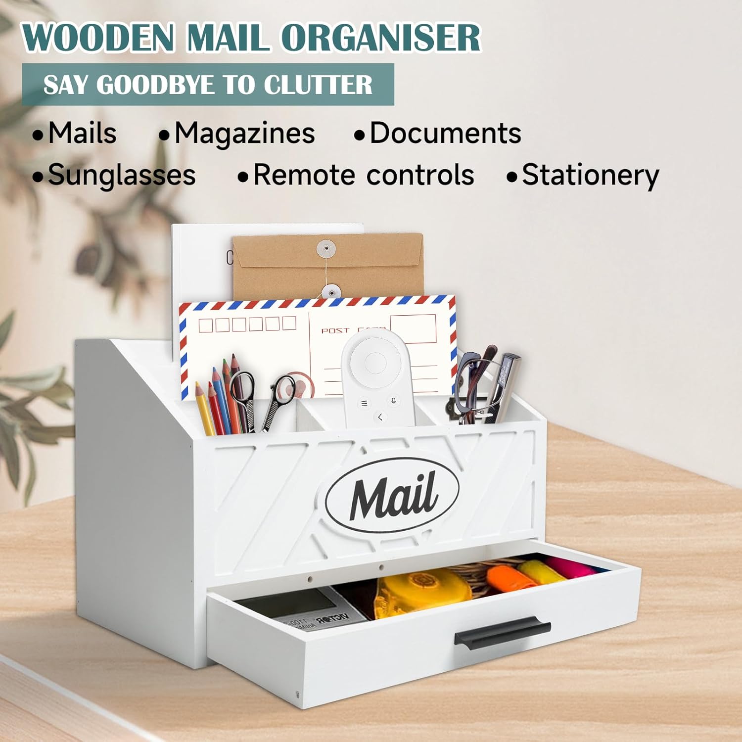 Wood Desktop Mail Organizer, Mail Organizer Countertop with 6 Compartments and Drawer, Wood Mail Holder Office Accessories for File Letter Paper Folder, White