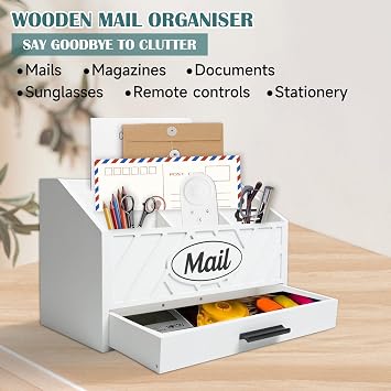 Wood Desktop Mail Organizer, Mail Organizer Countertop with 6 Compartments and Drawer, Wood Mail Holder Office Accessories for File Letter Paper Folder, White