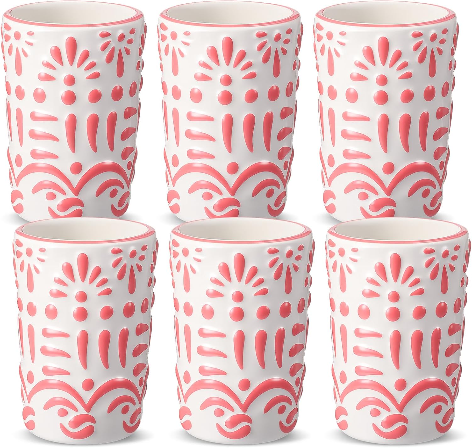 Roshtia 6 Pcs Mexican Tequila Shot Glasses Set 2 oz Talavera Shot Glasses Handmade Ceramic Cups with White Decoration Mexican Pottery Gift Mugs for Tequila Lover Bachelorette Party(White)