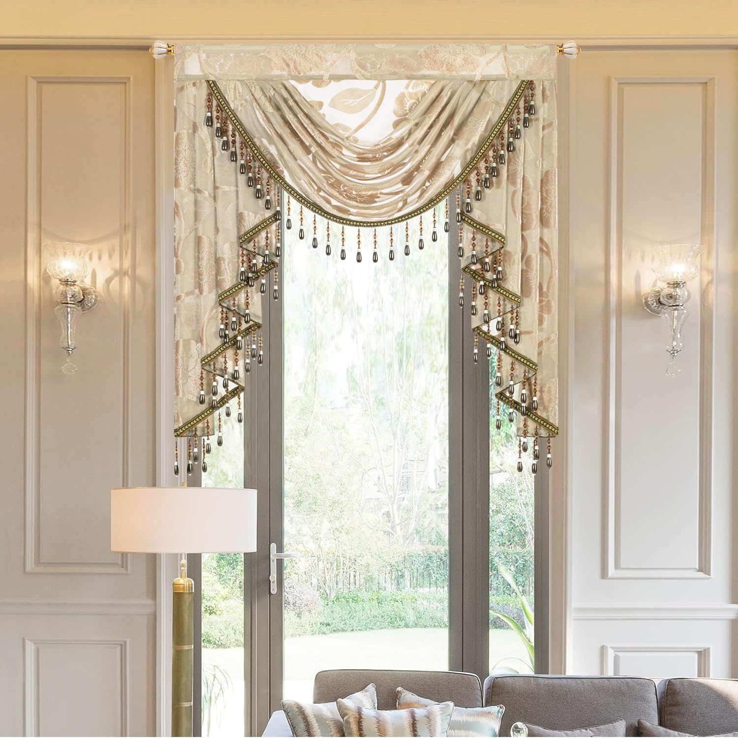 VOGOL Sheer Gray Floral Swag Valance, Country Style Waterfall Curtain with Peony Pattern for Living Dining Room, Voile Window Treatment with Beaded Tassels, W59 x L43, 1 Panel