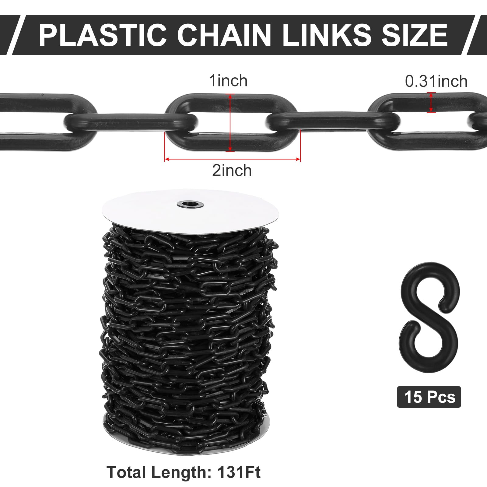 PATIKIL Chaîne plastique noire, 131 pieds 8mm Chaîne barrière sécurité plastique large Longue chaîne plastique pour le contrôle foule, le stationnement, décoration chantier construction
