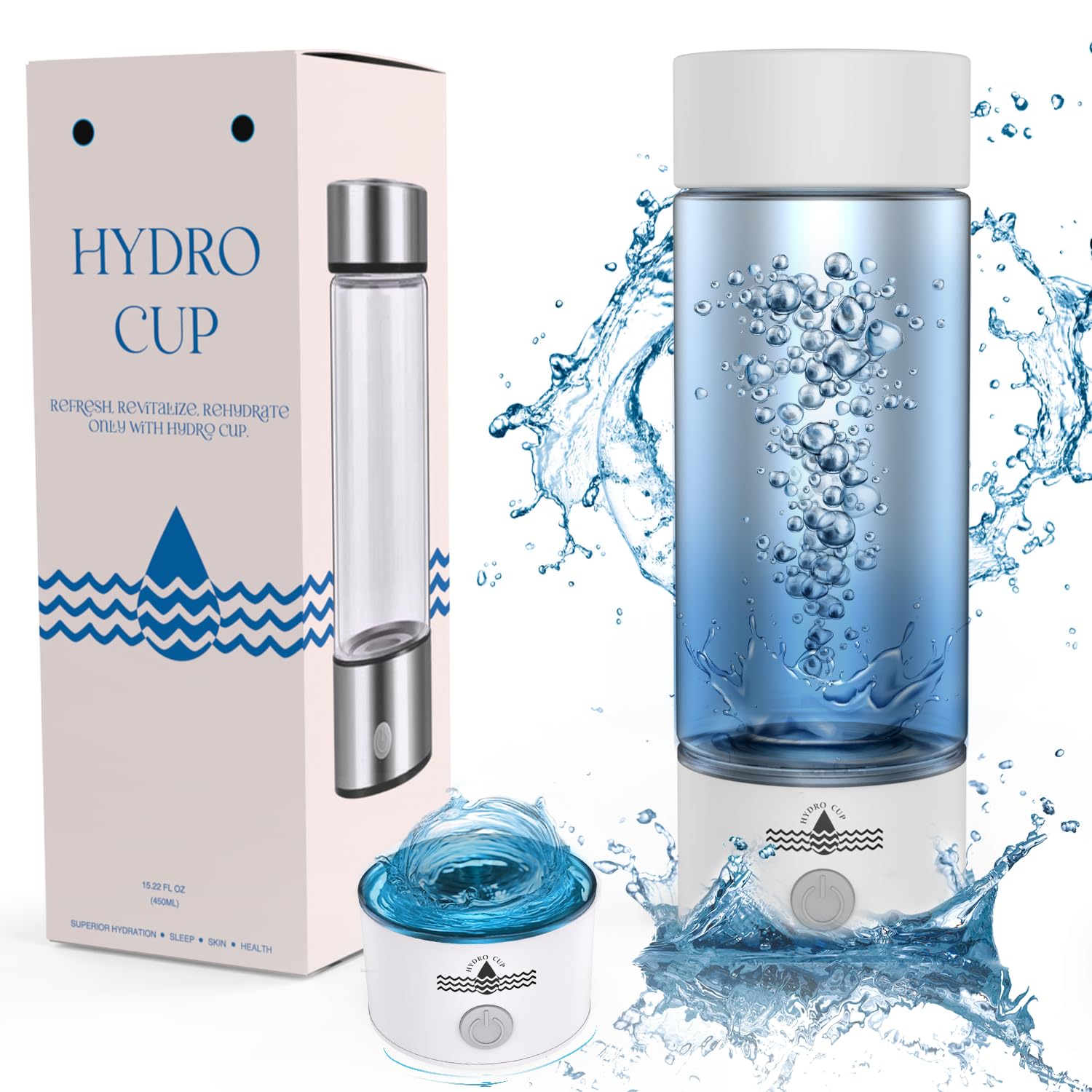 Hydro Cup Hydrogen Water Bottle Generator with SPE PEM Technology, 3-Minute Rapid Electrolysis (White)
