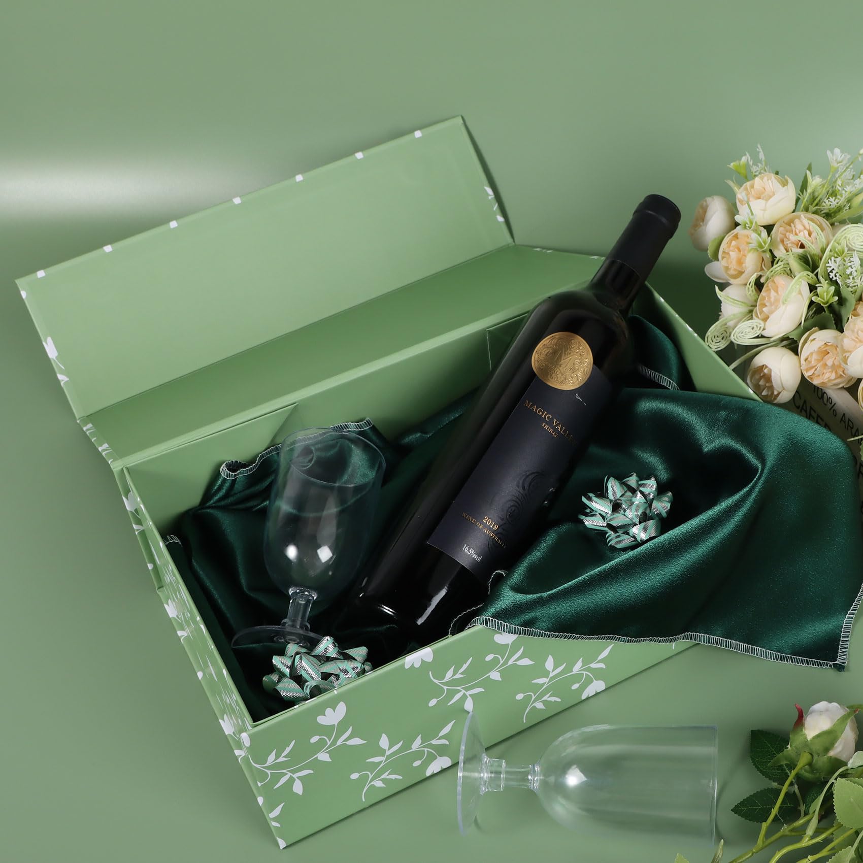 LFBOX Green Leaves Gift Box with Magnetic Lids 13.8x8.3x4.4 in, Large Bridesmaid Proposal Boxes, Rectangle Wedding Decorative Storage Box 1 Pack