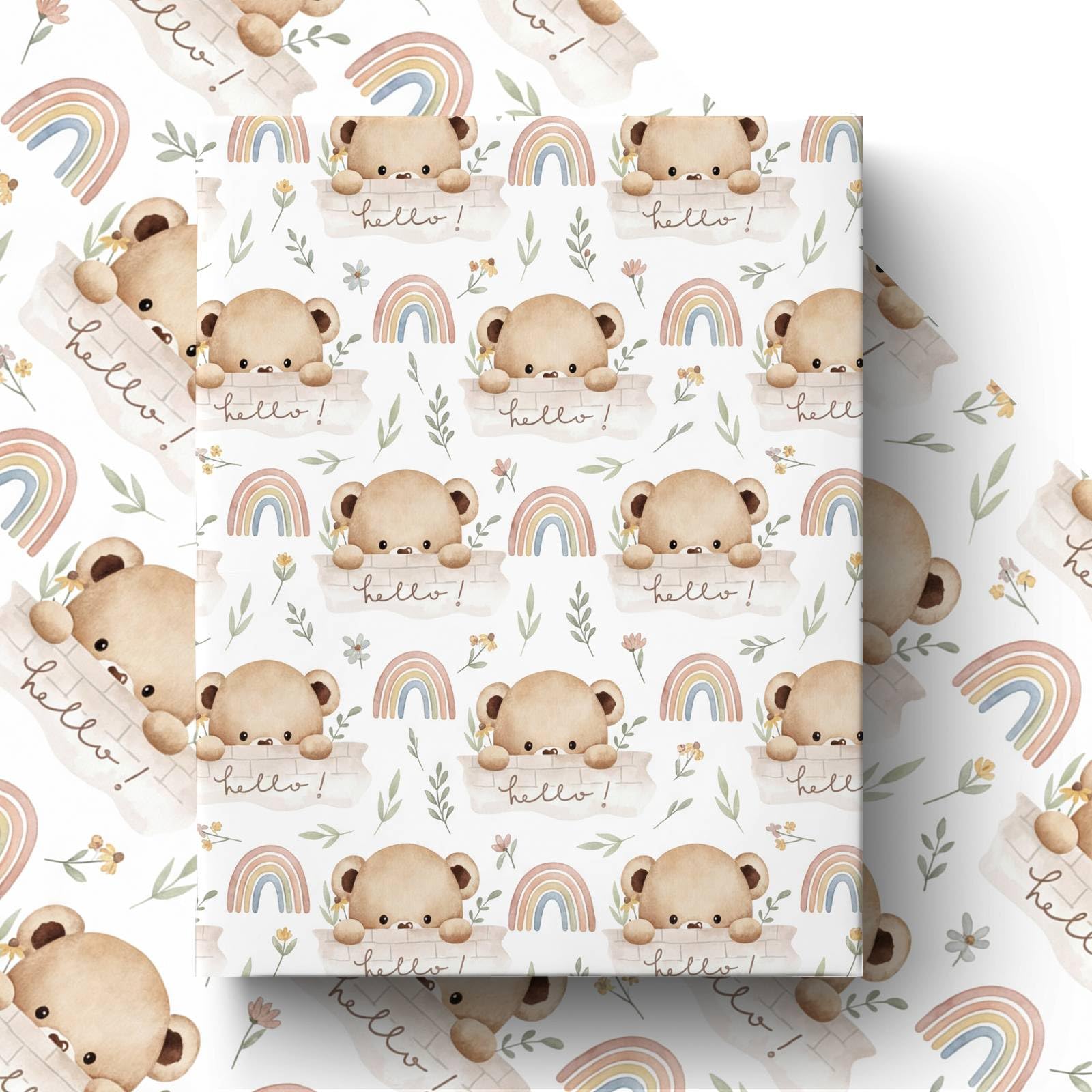 GleeWrap 4 Sheets Teddy Bear Baby Shower Wrapping Paper, " Hello Baby"Design Gift Wrap for Newborn Neutral Baby,50 x 70 cm