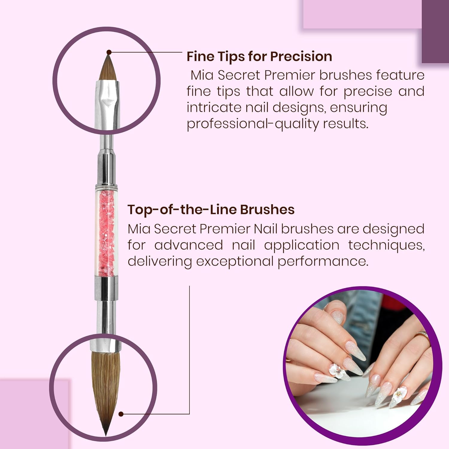 Mia Secret PREMIER NAIL BRUSHES 100% Kolinsky Hair MADE IN USA Prenium Nail Art Brushes (Pink, 10 OR/-2 OR)