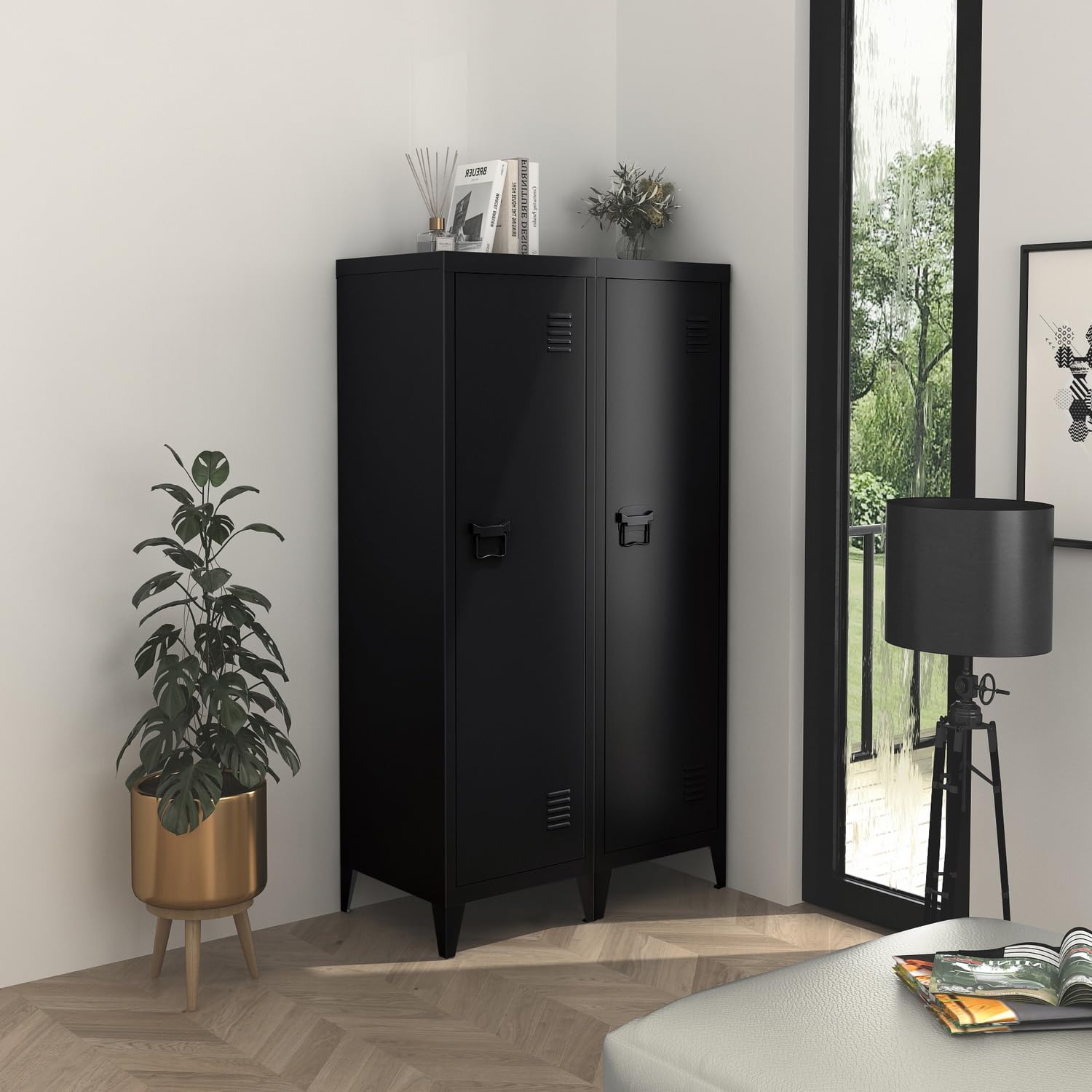 FurnitureR Almacenamiento Carpetas con Cerradura, Armario de Metal, Todo en Hierro, con Puertas Planas, 3 Compartimentos Grandes, para Garaje, Oficina, Color Negro, 38.5 x 38.5 x 137.5cm