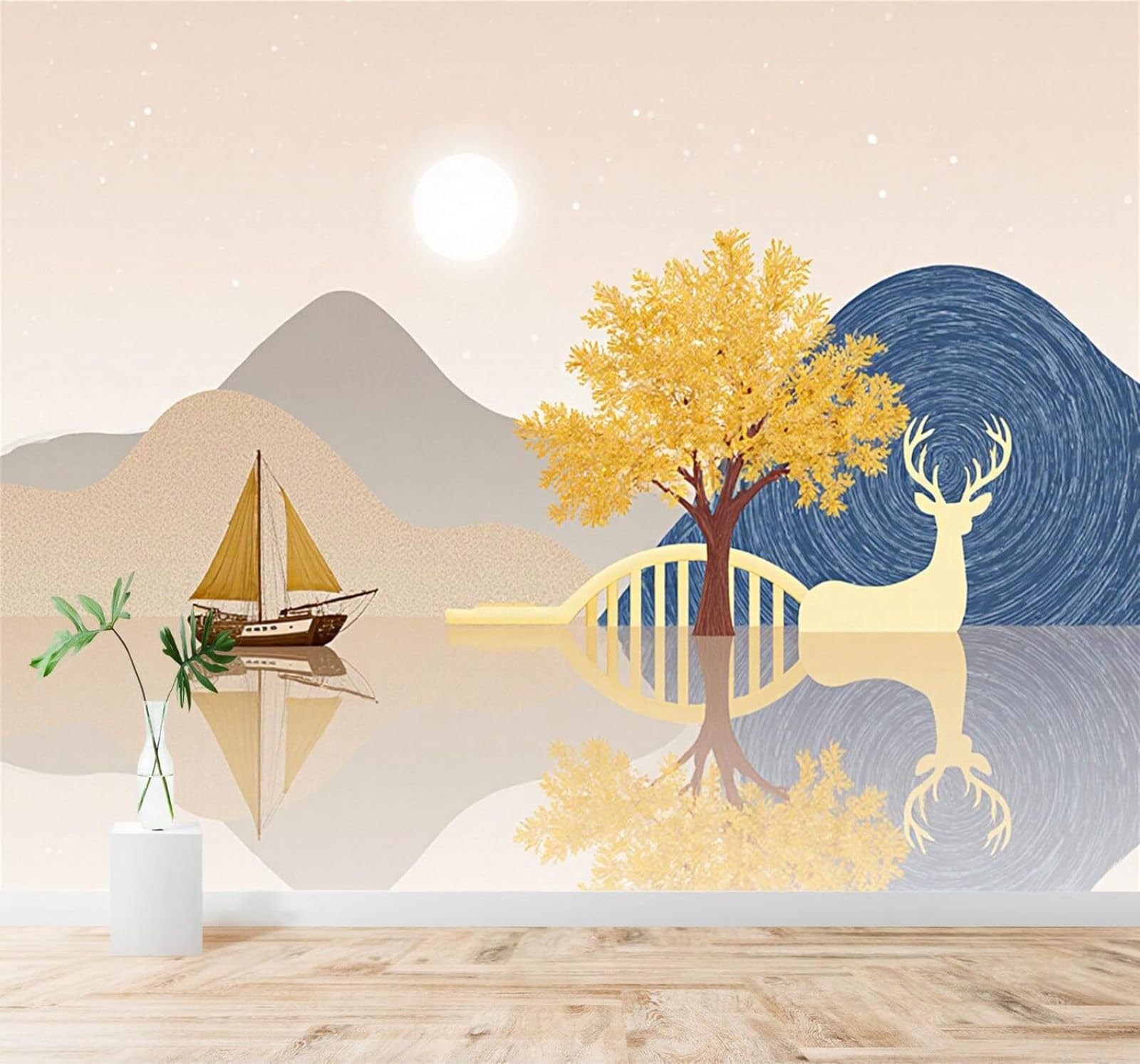 XLMING Golden Trees Golden Deer Sailing Boats Mountain Peaks Lakes Reflections 3D Wallpaper Silky Texture Home Study Office Grey Dining Room Sofa Bedroom Living Room TV Backdrop-150cm×105cm