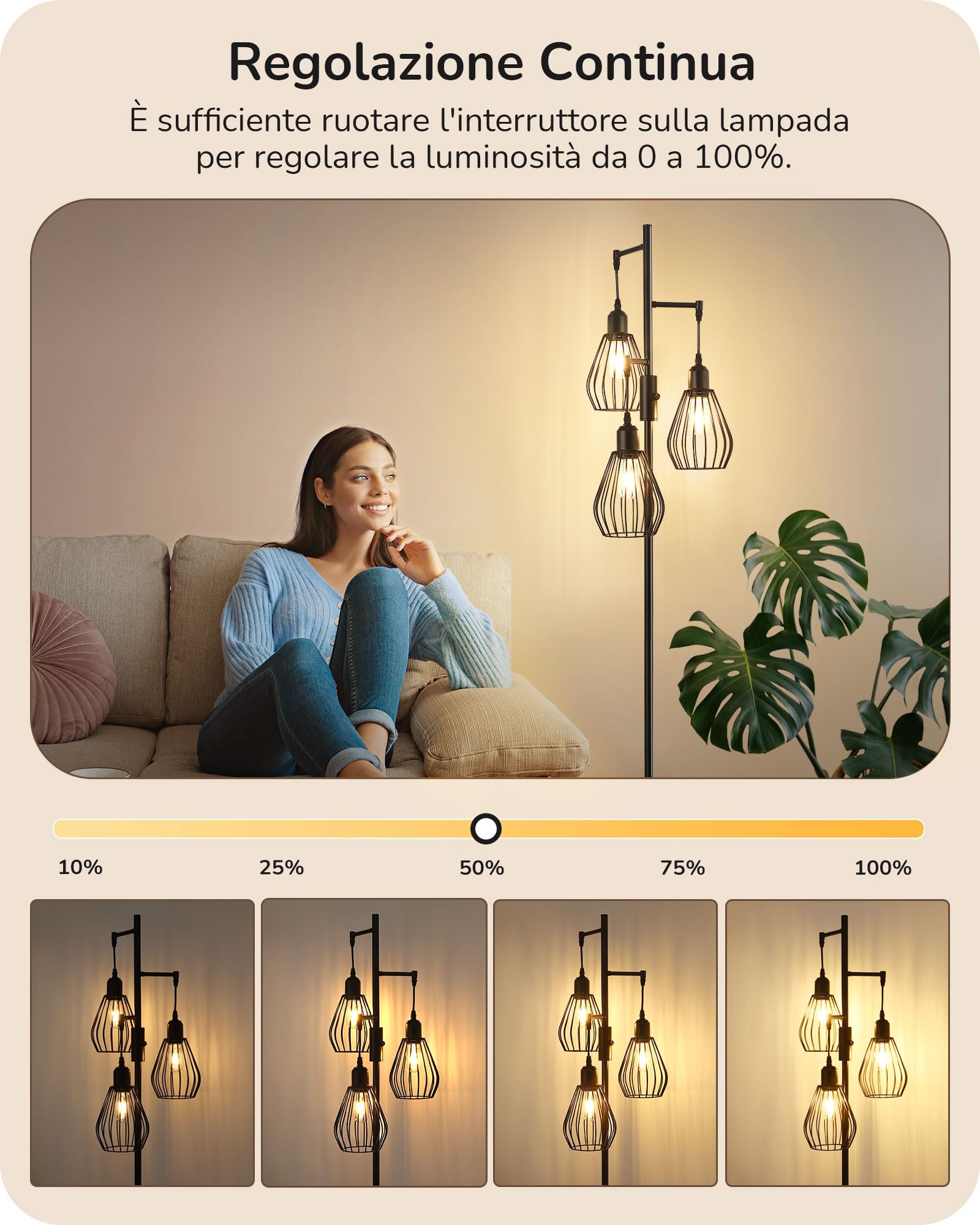 EDISHINE Lampada da terra industriale per soggiorno, 3 lampadine LED E27 incluse, bianco caldo 2700K, paralume in gabbia di metallo nero Lampada da terra design vintage retrò dimmerabile, 166 CM