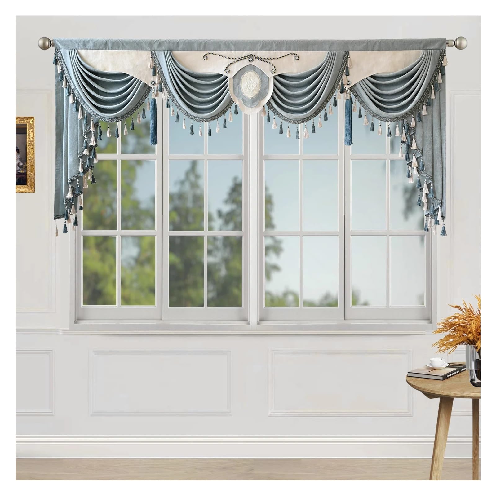 ZHOUXYFDC Swag Valance For Windows Blue Swag Waterfall Valance With Tassel Beads Fringe Trim For Living Room Curtain Head Home Drapes(Width 250cm(3 swag))
