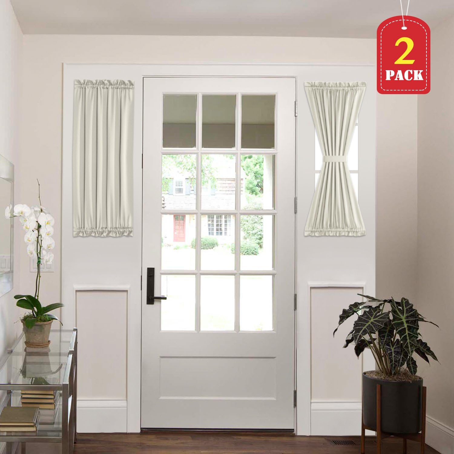 H.VERSAILTEX Thermal Insulated Blackout French Door Rod Pocket Curtain Panels 25" Wide x 40" Length French Door Panels Bonus Tie-Backs, Ivory, 2 Panels