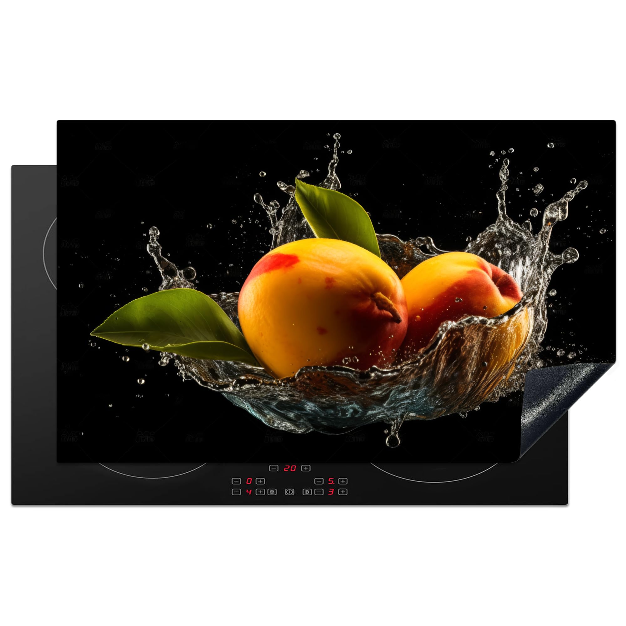 KitchenYeah© Induction Hob Cover Protector Mat 20.3"x32.7" / 83x51.5 cm Kitchen Universal Ceramic Covers for Electric Cookers Vinyl Mango - Fruit - Water - Black - Leaf
