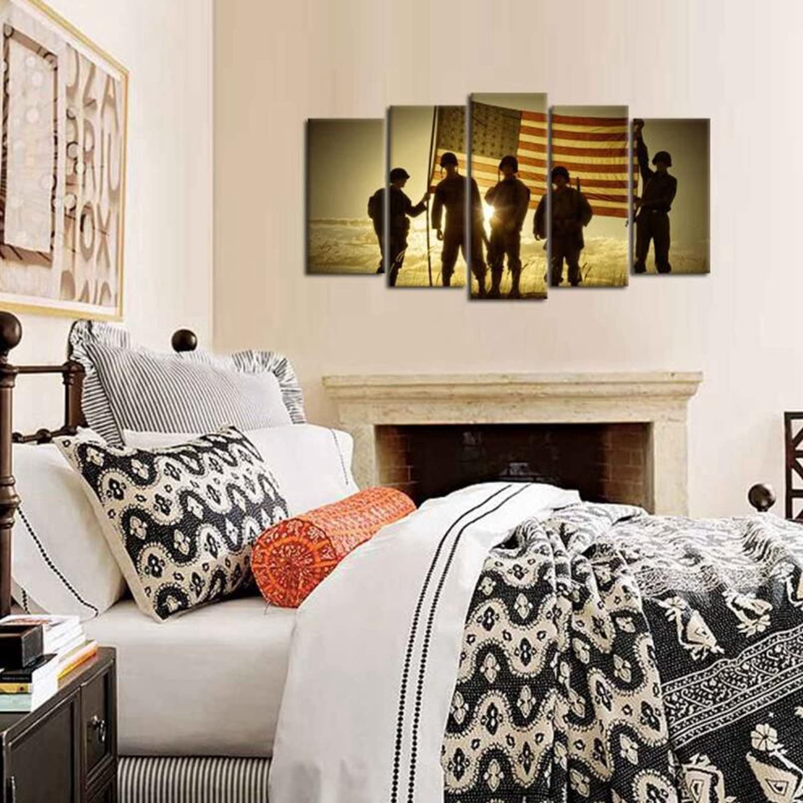 Cuadro en Lienzo,Silueta De Soldados con Impresión De Pintura En Lienzo De Bandera Estadounidense, Fuerzas Armadas Vintage En Imágenes De Puesta De Sol Ilustraciones Framed,XL