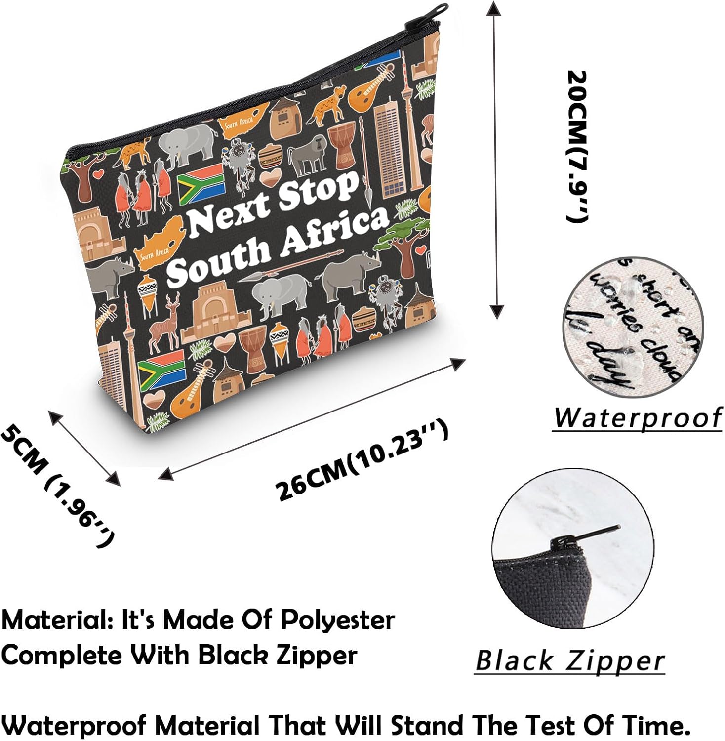 MNIGIU South Africa Symbols Souvenir Cosmetic Bag South Africa Vacation Gift South Africa Trip Makeup Bag South Africa Lover Gift Africa Travel Gift (South Africa Bag Black) - Image 2