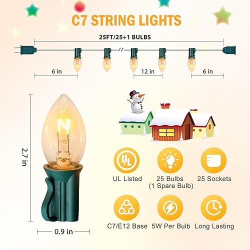 Vista 2 de Brightown C7 Luces de Navidad para exteriores de 25 pies, color blanco cálido, cadena de luces de Navidad de alambre verde para habitación, línea