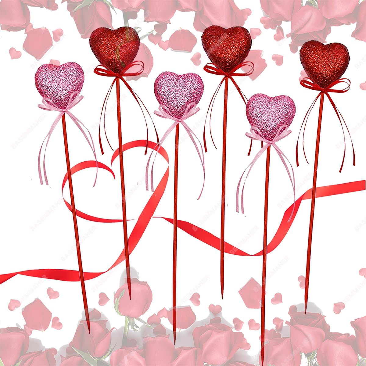 12Pcs Valentine's Day Glitter Red Pink Puffy Heart Picks Foam Heart Picks Sparkly Sticks for Wedding Flower Arrangements Floral Bouquet Home Holiday Party Crafts Supplies Decorations