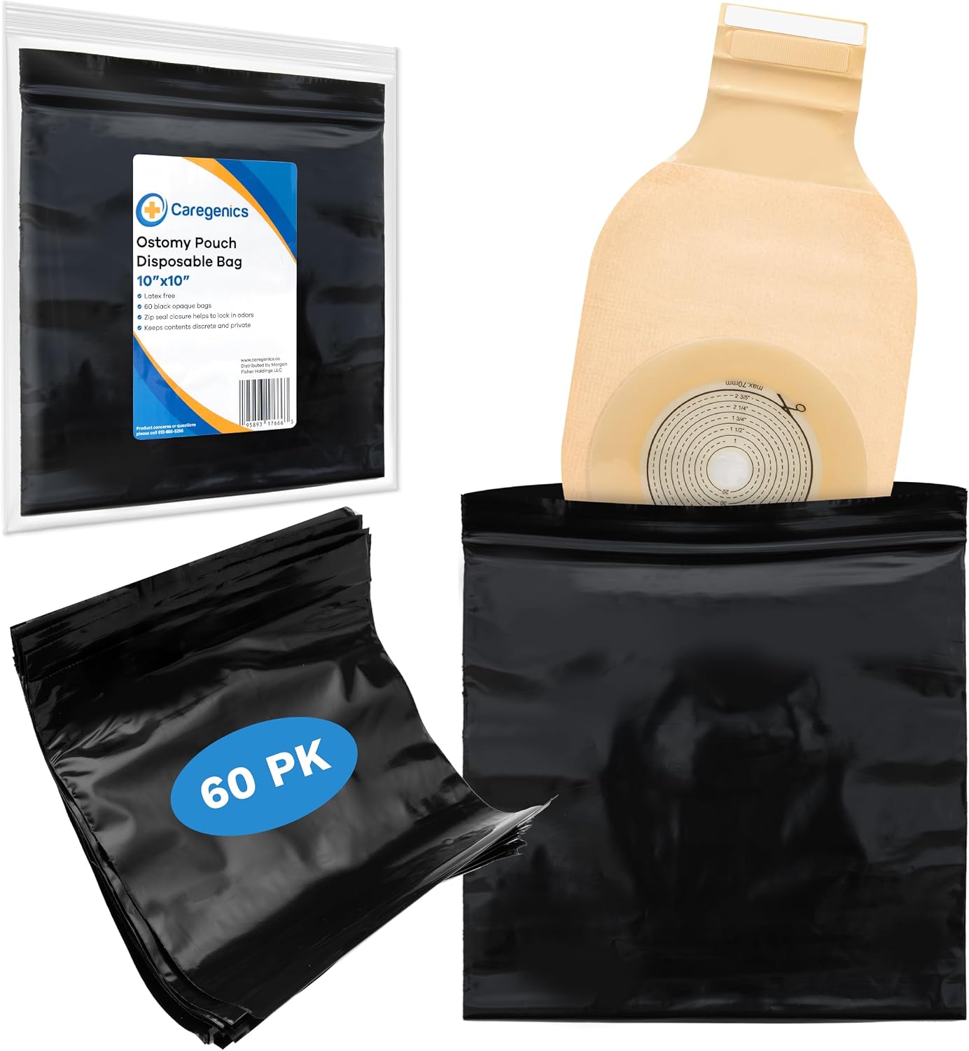 10x10 Ostomy Pouch Disposable Bags, Big Enough for Diapers/Incontinence Products. Mess Free - 60 Count