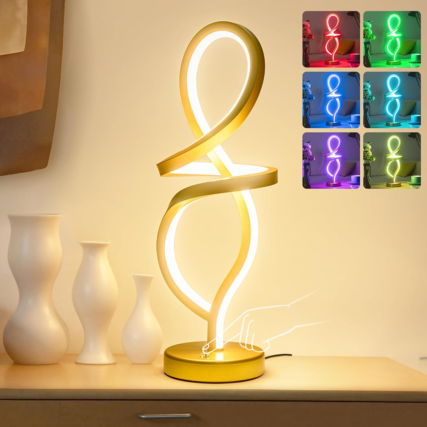 mayful modern table lamp,rgb table lamp?led spiral lamp, gold bedside lamp with 7 colors 10 light modes, touch dimmable nightstand lamp for bedroom living room home office, 15w