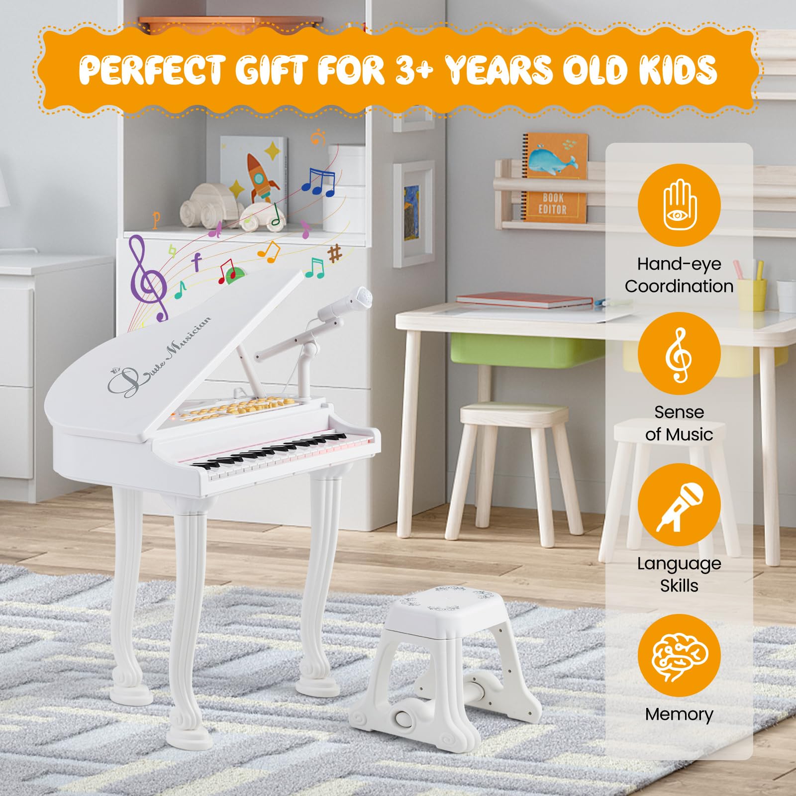 KOMFOTTEU 37 Tasten Kinderklavier Set, Elektronisches Klavier mit Mikrofon & Hocker, E-Piano Klaviertastatur mit 8 Percussionseffekte & Begleitstile, Keyboard für Kinder ab 3 Jahren (Weiß)