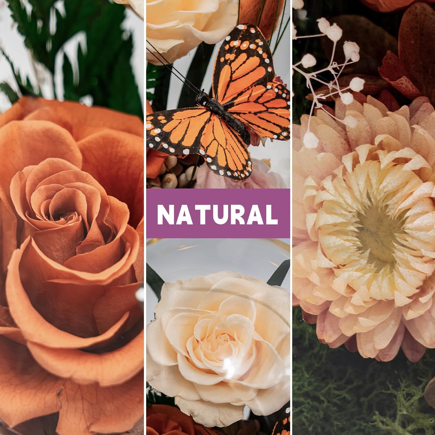 Eternal Flower with Butterfly: Big Flowers Big Love-Elegant Flower in Glass Dome-Thanksgiving, Christmas, Mom Gifts for Her-Flowers for Delivery Prime-Floral Arrangements (Orange) - Image 3