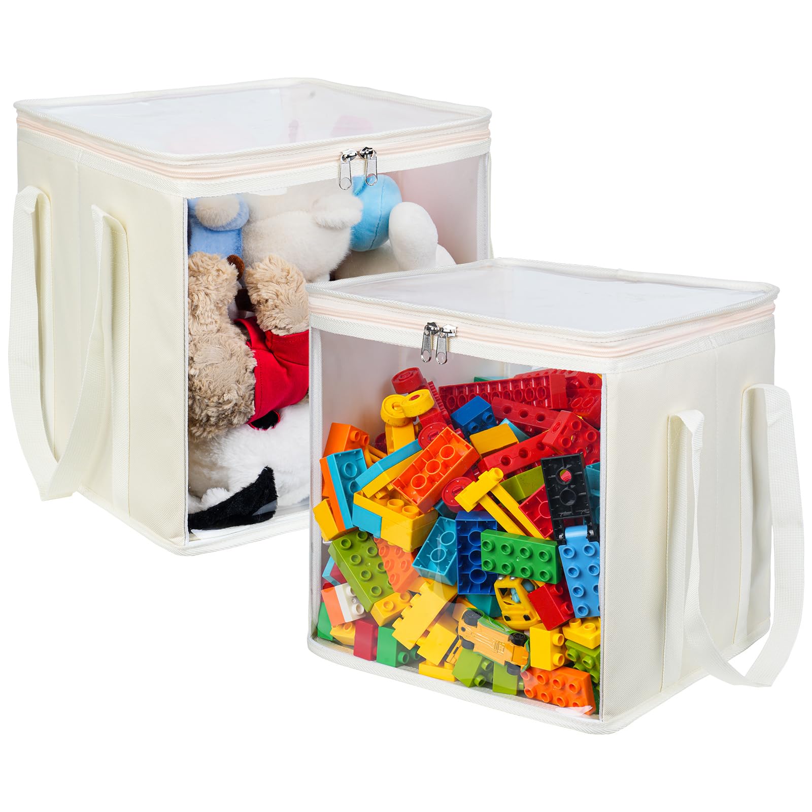 2 Pack Large Toy Storage Bins with Transparent Lids & Handle, Clear Foldable PVC Cube Organizer Boxes for Magnetic Tiles, Dolls, Clothes, Books