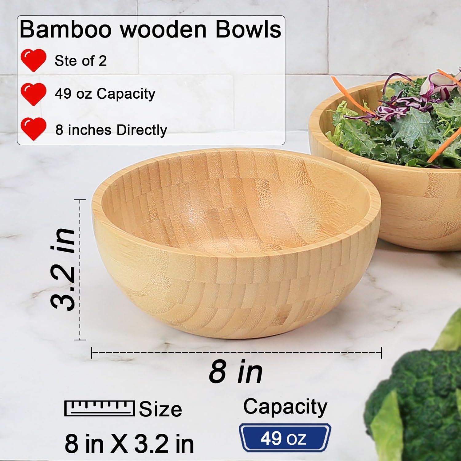 Bamboo Salad Bowls, 8 Inch Big Round Bamboo Wooden Bowls for Salads/Fruits/Pasta/Vegetables, 49 Fl oz Handcraft Serving Bowl for Entertaining and Party, Rustic Home Decor Set of 2 - Image 2