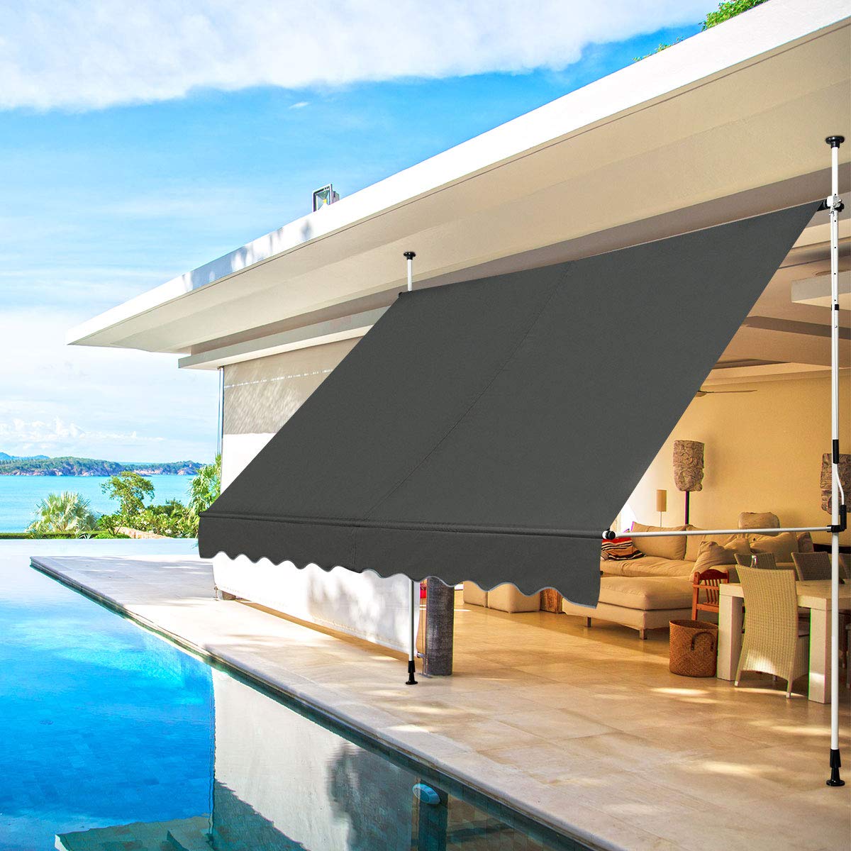COSTWAY Klemmmarkise 300 cm breit, Balkonmarkise ohne Bohren, UV-beständig, höhenverstellbar, wasserabweisend, Markise mit Handkurbel, Sonnenmarkise, Sonnenschutz für Balkon, Grau