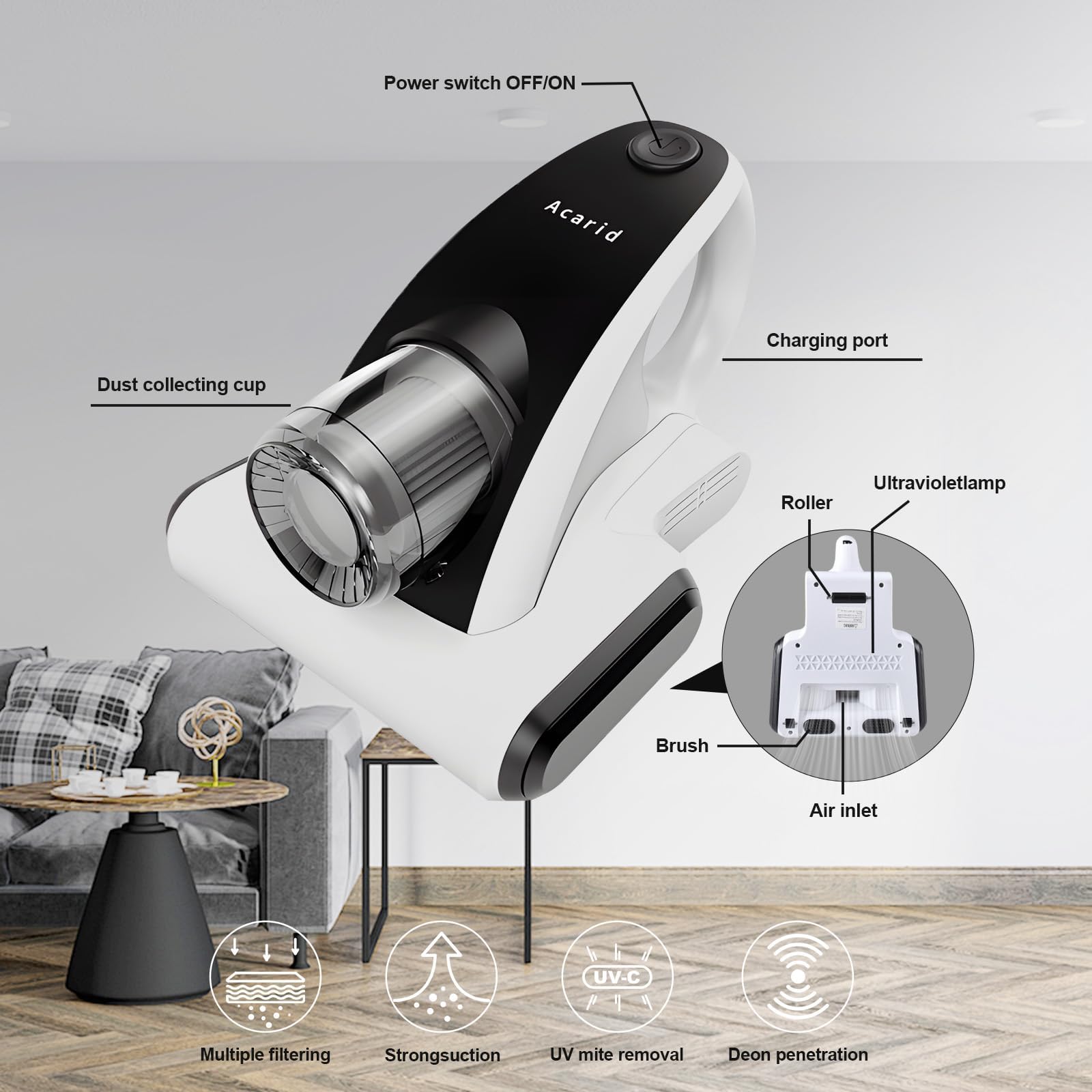 Milbensauger für Matratzen Akku 14KPa – Kabelloser Matratzenreiniger mit UV-Licht, Handstaubsauger