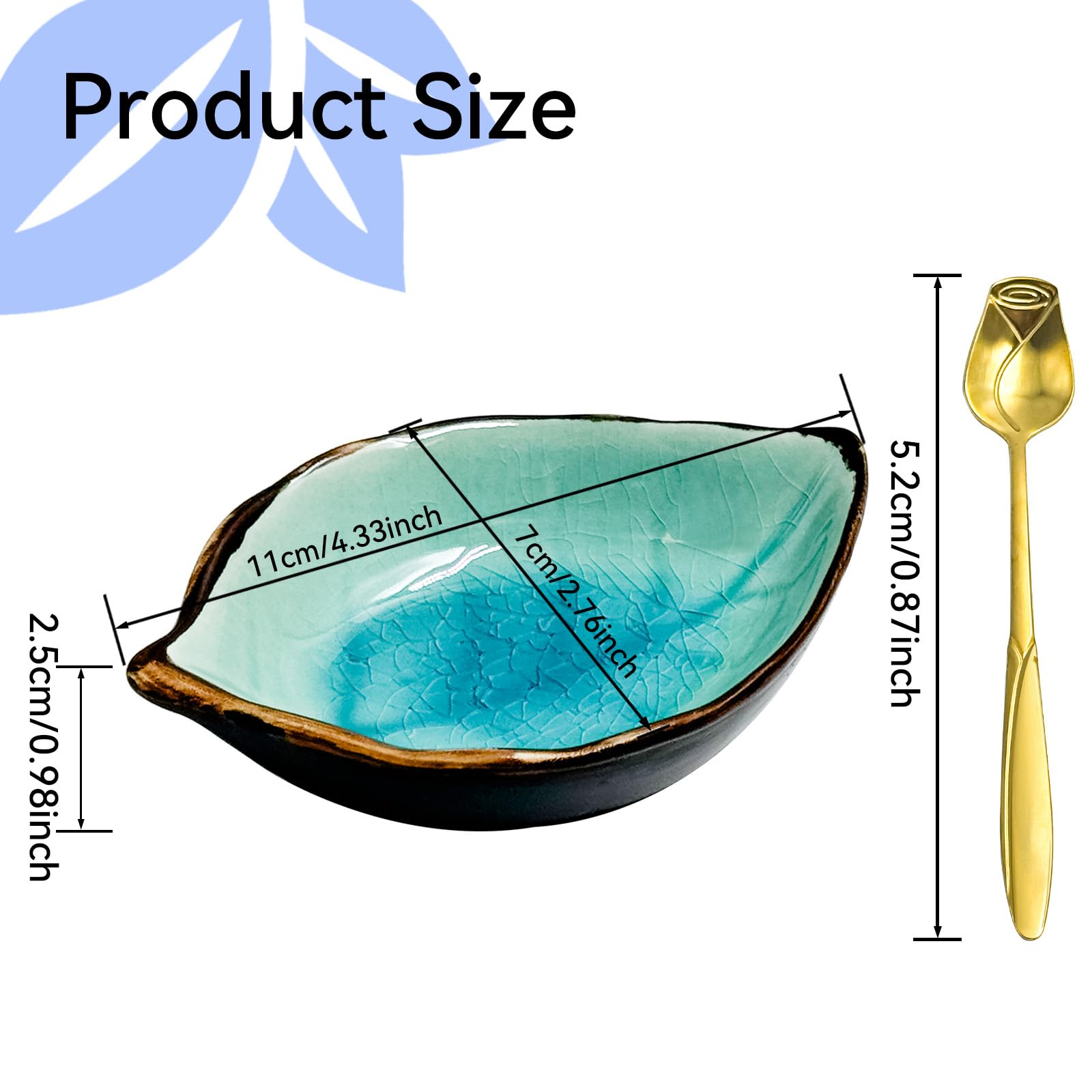 Coffee Spoon Rest, Ice Cracks Leaf Small Spoon Holder for Stove Top, Teaspoon Rest for Kitchen Counter, ceramic utensil holder for Coffee Bar Accessories(Ice Cracks Lake blue with Gold Rose Spoon)