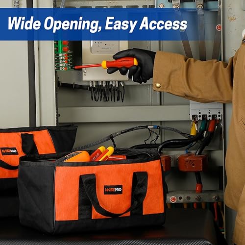 Miniatura 5 de Paquete de 2 bolsas de herramientas de boca ancha, bolsa de almacenamiento de herramientas de electricista de 12 pulgadas, bolsa de gran capacidad