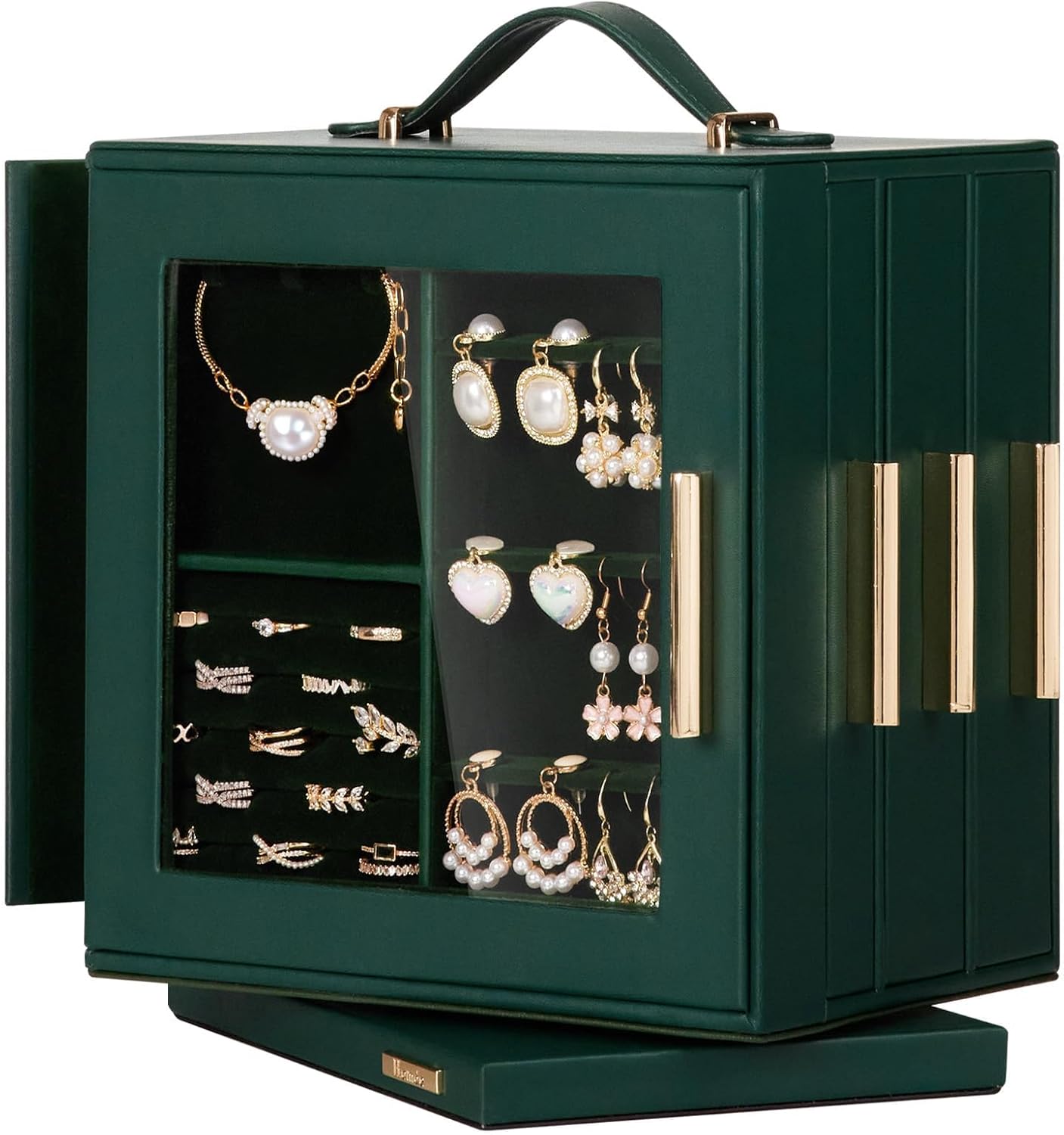 Homde Valentine's Day gifts Jewelry Box 360° Rotating, Necklace Earring Organizer with Transparent Window, Mirror, 7 Drawers, Large Ring Display Storage Case for Girls Women (Forest Green)