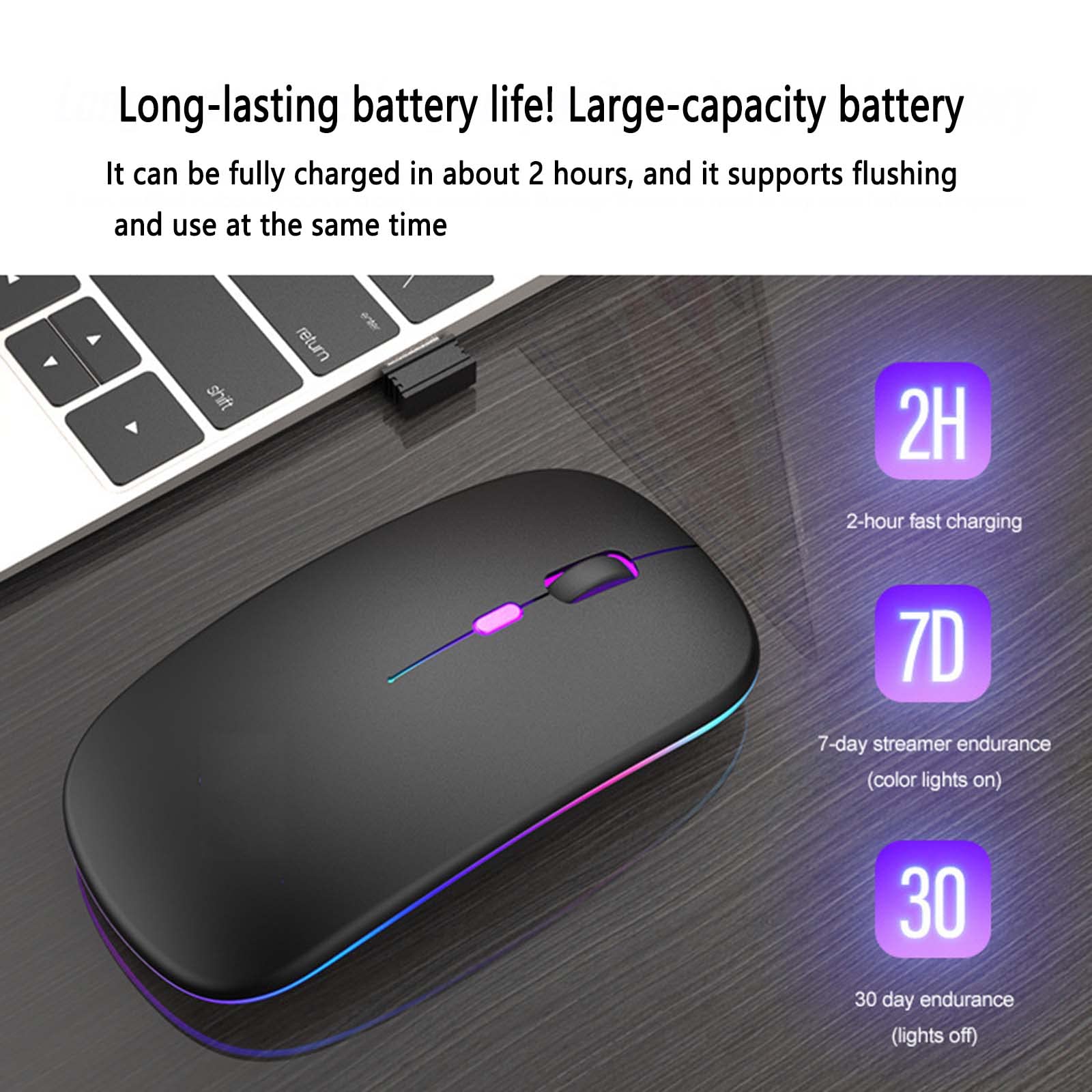 Mysz Mysz bezprzewodowa Mysz komputerowa do laptopa USB do gier Bluetooth Ergonomiczna mysz Urządzenie wskazujące Optyczne śledzenie Ładowalna kolorowa lampa oddechowa Regulowana czułość DPI(Schwarz)