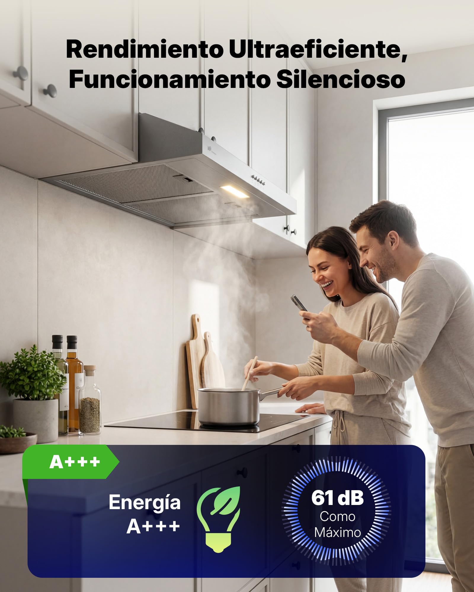 Upstreman Campana Extractora 60 cm，Classe A+++, 3 Niveles Recirculación (220 m³/h), Extraído & Recirculado con Filtro de Carbón,61 dB, iluminación LED 1,5 W, Acero Inox, HU60