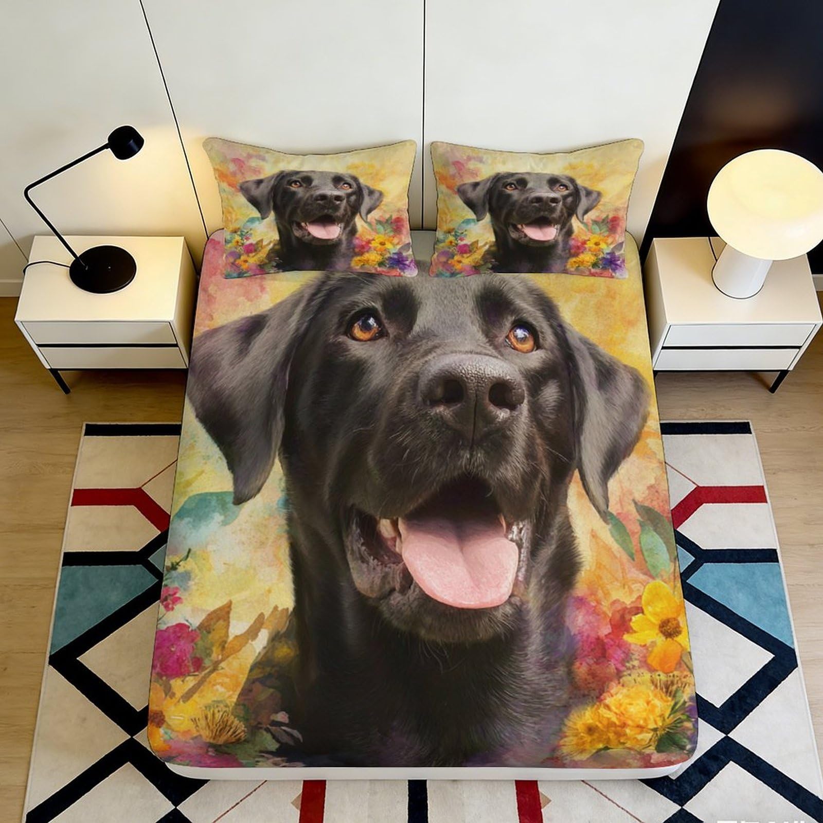 3D Printed Black Labrador Fitted Sheet Microfiber Soft Durable Floral Bed Cover for Bedroom Dormitory Guest Room Mattress Protection 120x200x25cm