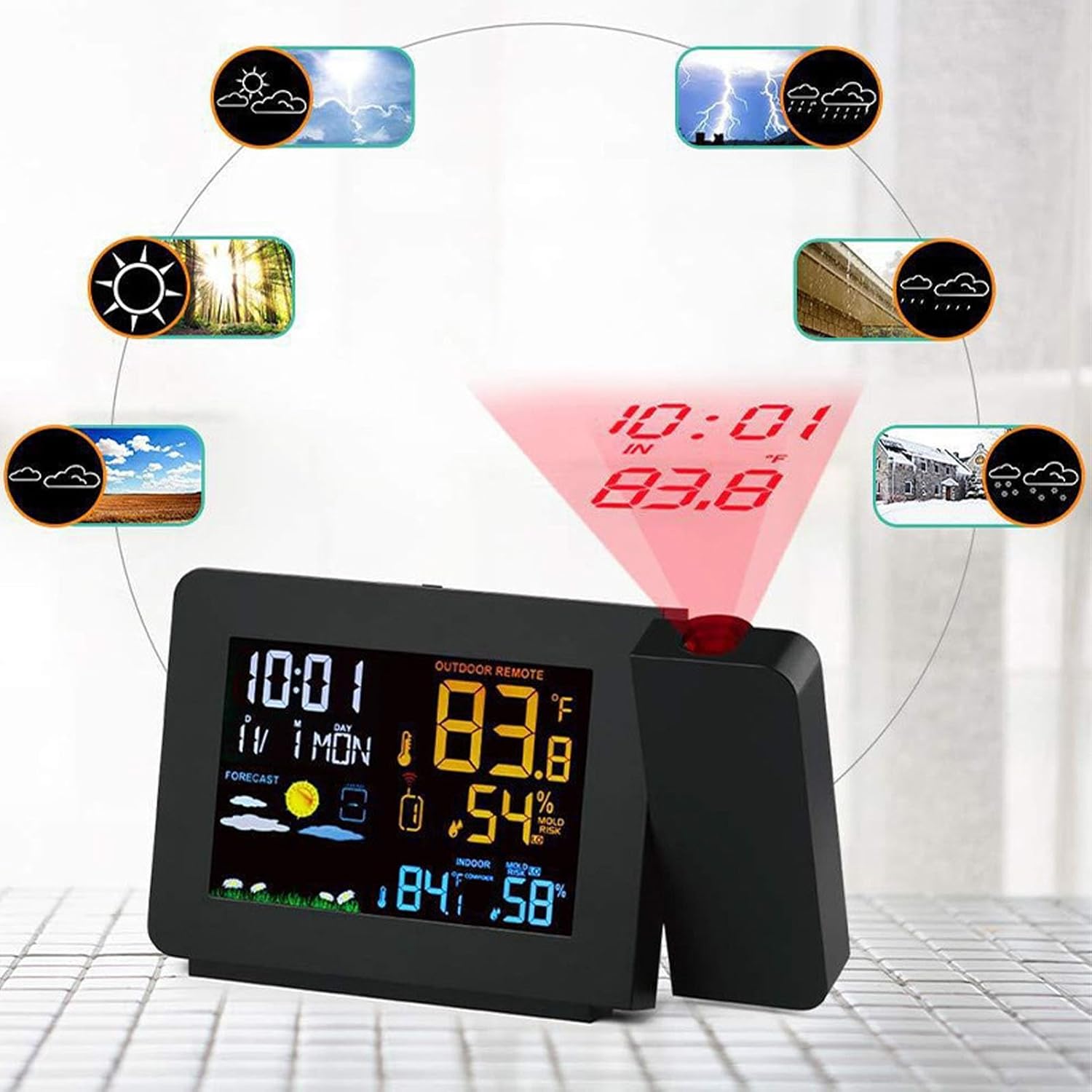 Fockety Projection Alarm Clock, Weather Forecast Station with Temperature Humidity Display, Color Screen and Projection Alarm for Bedroom Indoor Outdoor Use
