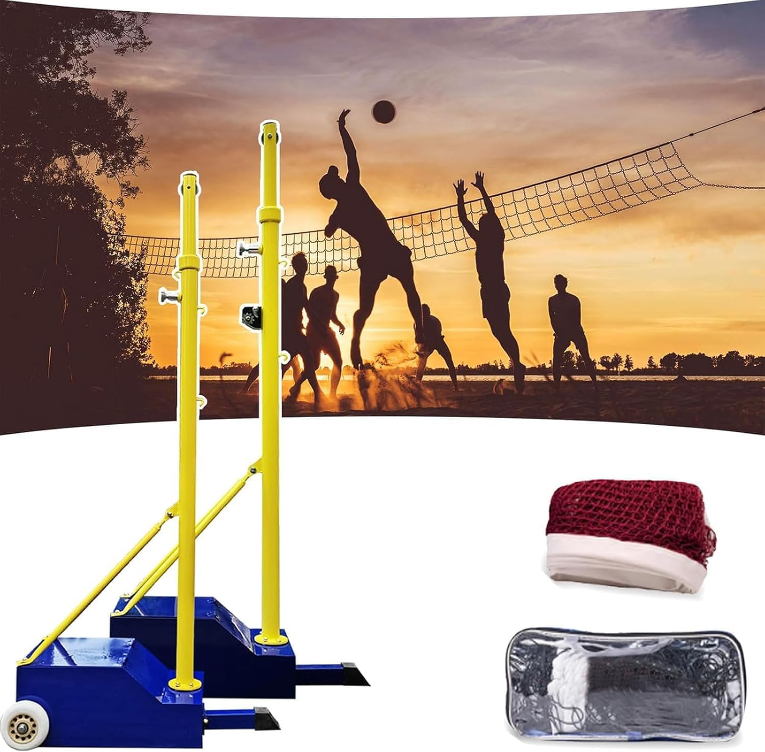 Portable Volleyball Poles, Badminton Volleyball Pole & Nets Package, Portable Volleyball and Badminton Net Stand, with Wheels, for Indoor Outdoor Backyard, School, Adult & Kids Use Blue