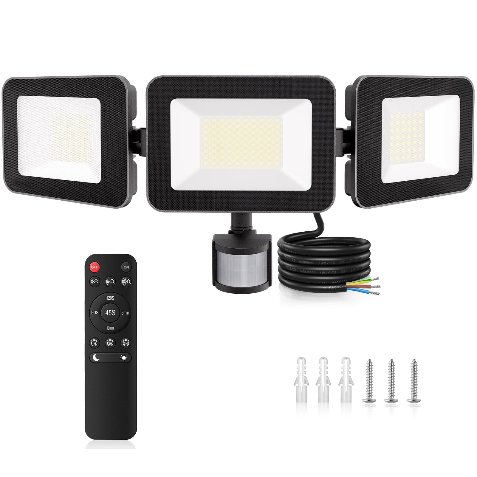 MEIHUA 100W LED Strahler Mit Bewegungsmelder Fernbedienung 9600LM IP66 | Wasserdicht Wasserdicht Flutlicht 6500K Drei-Kopf 270° Verstellbar Scheinwerfer Kaltweiß Für Außen Garten Garage Sportplatz