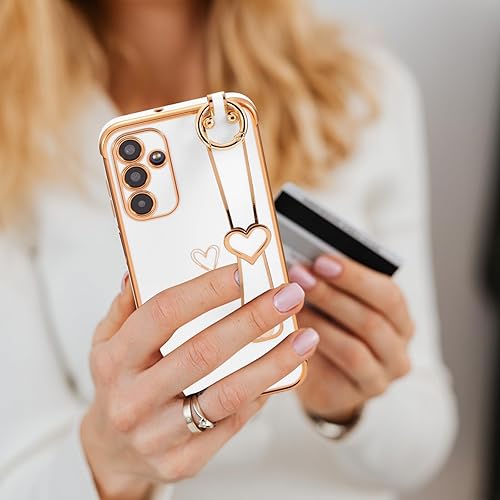 Vista 53 de ZTOFERA Funda para Samsung Galaxy S22 Plus 5G con correa para la muñeca, bonito borde chapado de lujo, patrón de corazones de amor para niñas y Azul