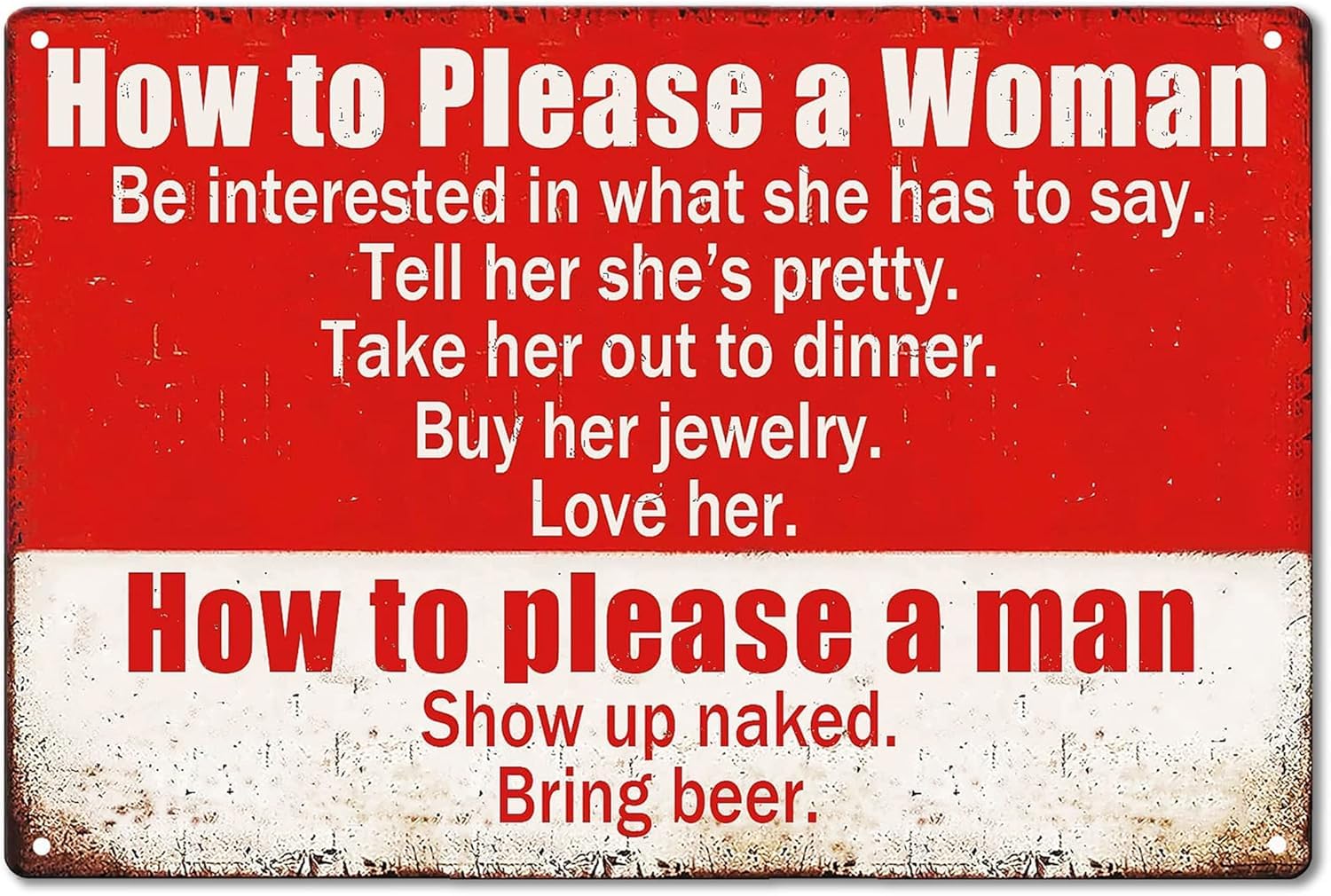 SMAZDFXX Funny Garage Sign Humor Man Cave Bar Art Decorations, How To Please A Woman And A Man Vintage Metal Tin Signs Home Kitchen Bedroom Wall Decor Poster 8"x12"
