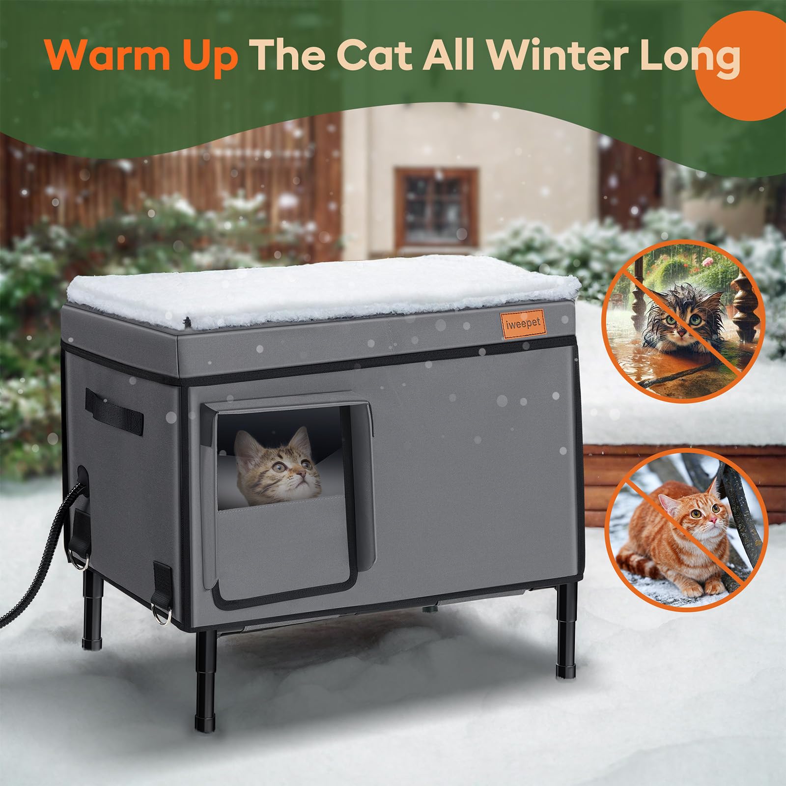 iweepet Heated Cat House for Outdoor Cat in Winter, 100% Waterproof Outdoor Cat House with Heating Pad, Foil Insulated Cat Shelter for Outside Barn Feral Stray Cat