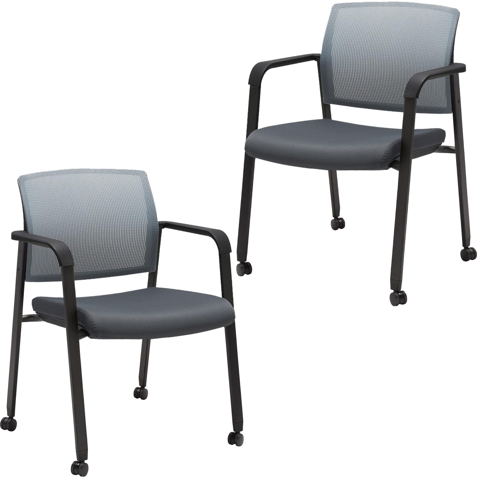 CLATINA Mesh Back Stacking Guest Chairs, Stackable Waiting Room Arm Chair with Wheels & Fabric Upholstered for Office Reception Hospital Lobby School Conference Medical Meeting Church, Grey 2PK