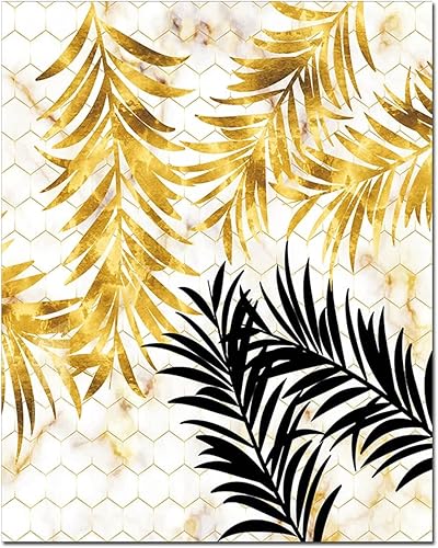 Miniatura 6 de YOWOCAL Arte de pared impreso en lienzo de hojas doradas, 16 x 20 x 3 pulgadas, póster de hojas de palmera de Monstera tropicales, decoración de