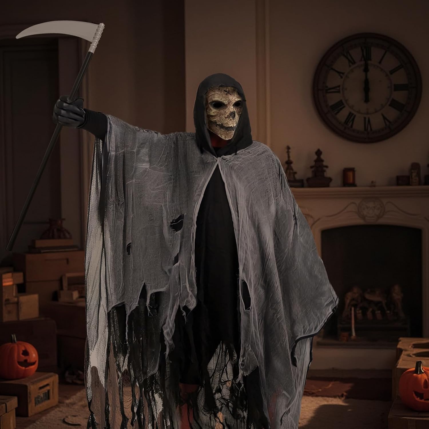 Grim Reaper Costume with Skull Mask for Adults Scary Halloween Medieval Hooded Cape Death Hook Cosplay Fancy Dress Cloak