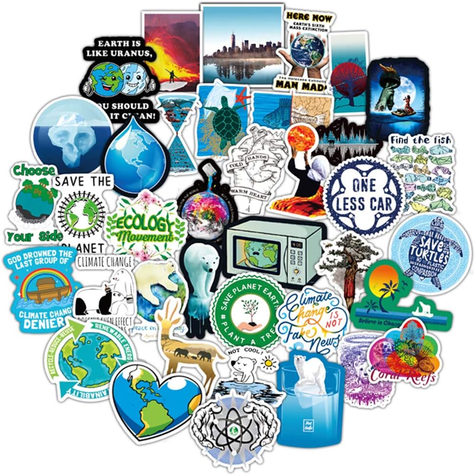 Vsco Protect Environment Stickers for Water Bottles[50pcs]Go Green Cute Animal, Global Warming, Less Plastic Recycle for Laptop Car Phone Computer Bike Helmet Luggage Helmet Skateboard, Gift for Kids