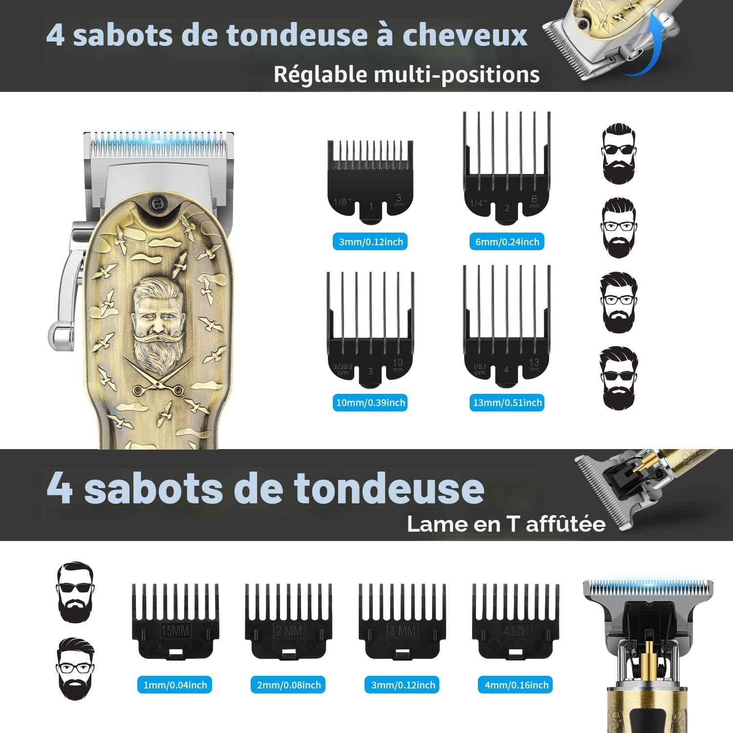 HIENA PRO Tondeuse à cheveux professionnelle pour hommes, Tondeuse à cheveux sans fil Tondeuse à barbe Rasoir à lame Tondeuse pour nez Set, Kit complet de tondeuse électrique rechargeable USB (Set 814
