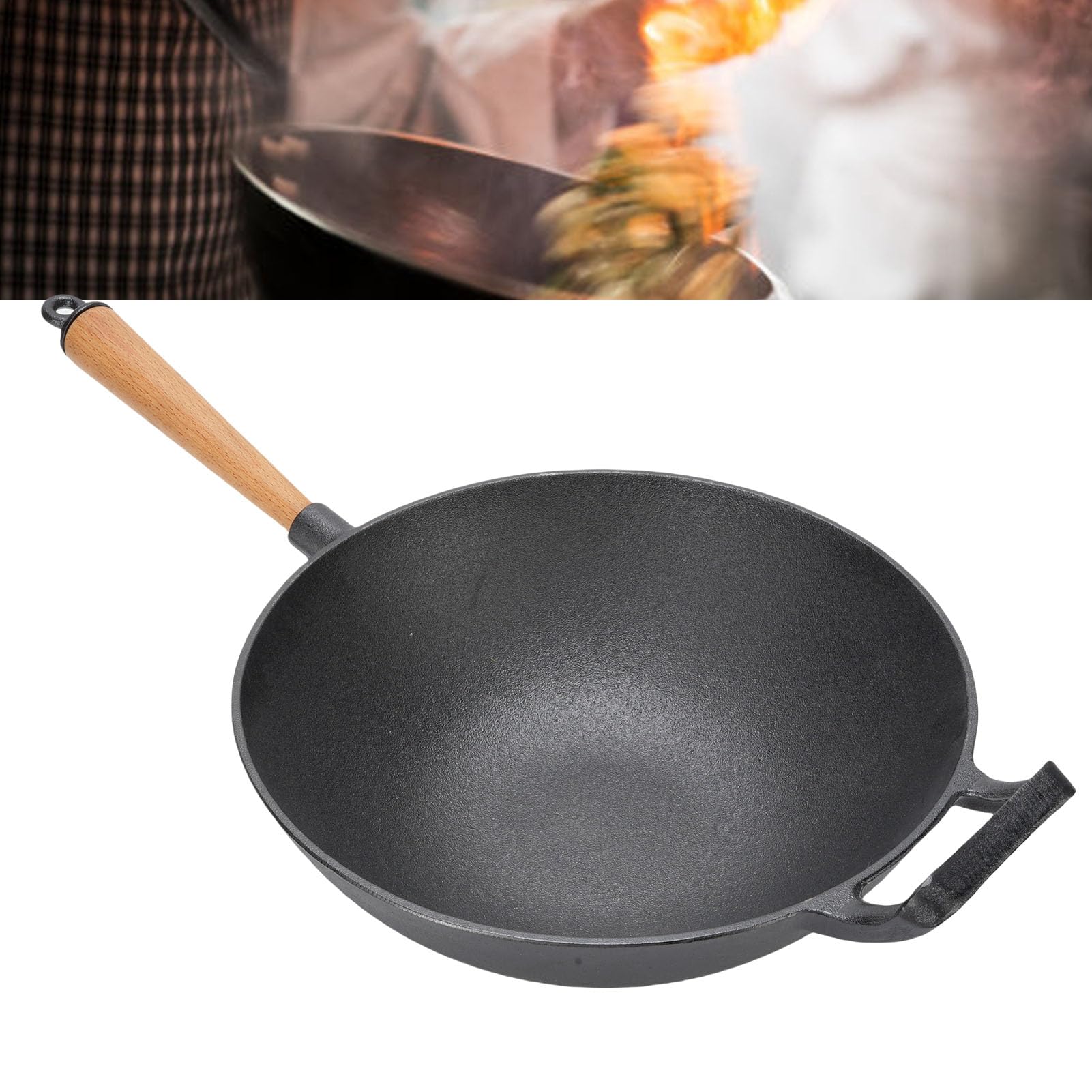 Żeliwna Patelnia Wok Trwała Patelnia do Smażenia z Drewnianym Uchwytem do Kuchenki Gazowej i Grilla na świeżym Powietrzu