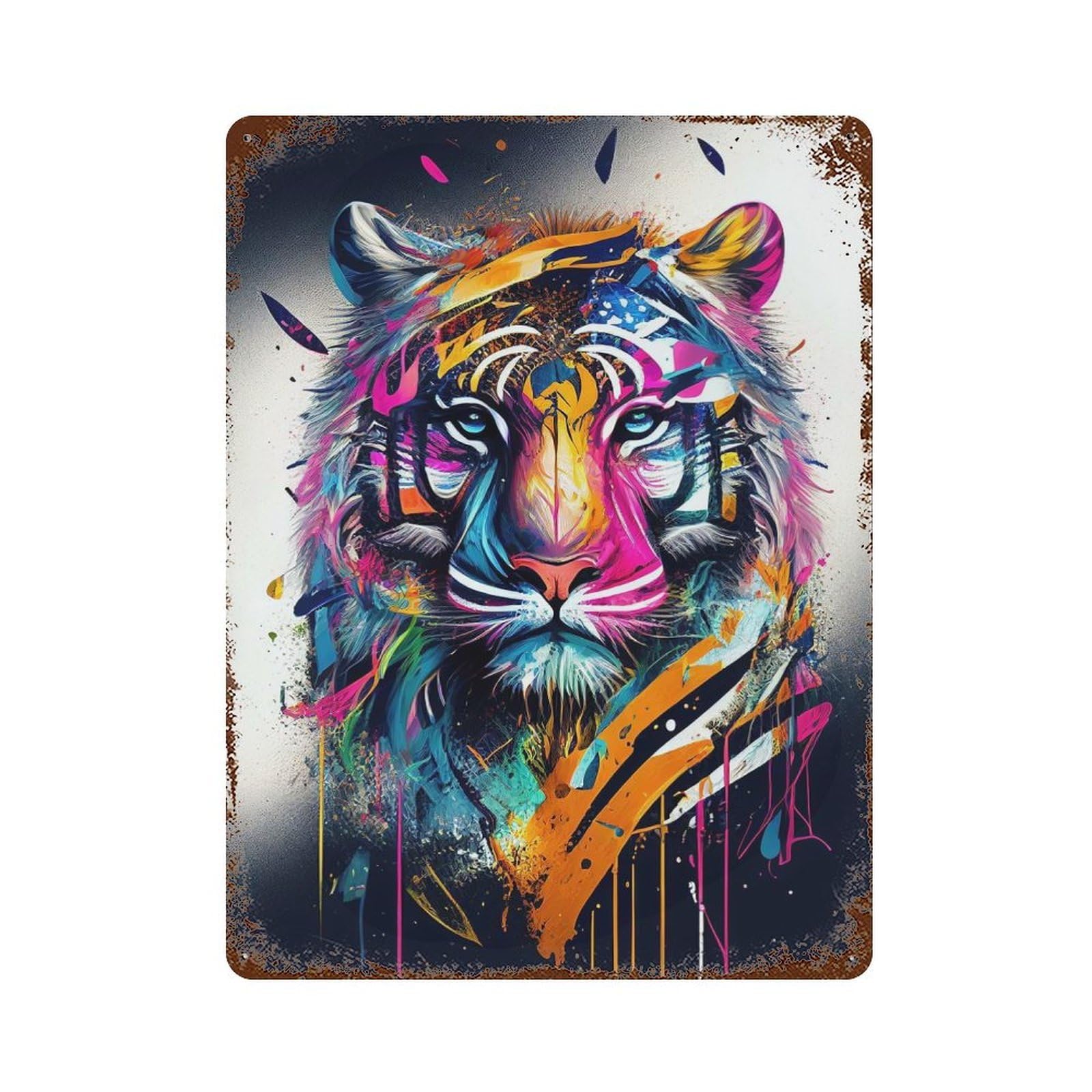 Rust Effect Colorful Tiger Animals Aged Metal Wall Plaque 15.7"x11.8", Farmhouse Wall Decor for Office, Studio And Wall Decor