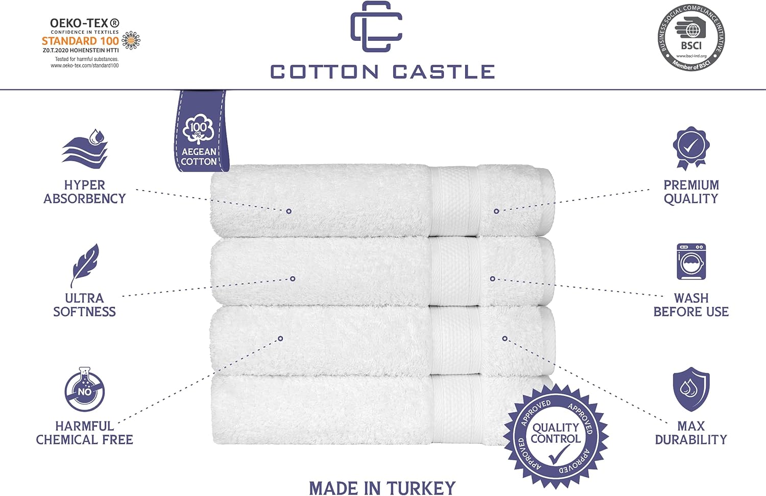Cotton Castle Premium Original Turkish Cotton 4 Pcs Bath Towels 27"x54" for Hotel Home Pool Bathroom Sauna Gym and SPA with Highly Absorbent Fast Drying Fluffy Soft Durable Thick Bright White : Home & Kitchen