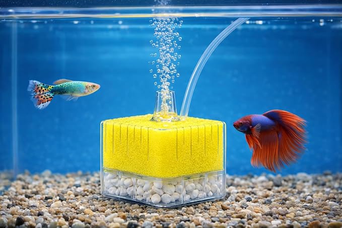 VAYINATO® BL-A02 Yellow Mini Internal Bio Sponge Filter with Media for Aquarium Fish Tank Fit for 2 Feet Tank | Betta Bowl Filter | Free 2M Air Tube (Air Pump Not Included) By Petzlifeworld