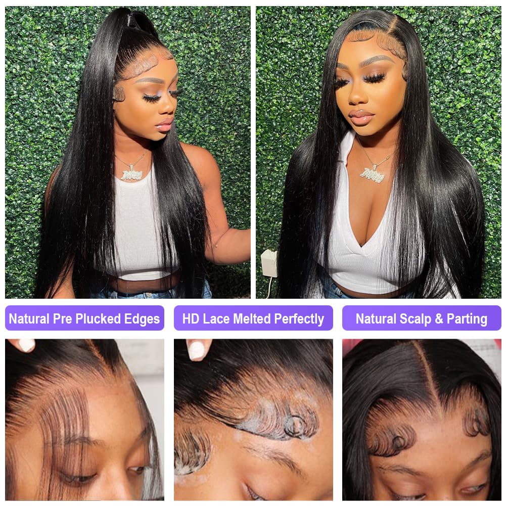 Flady 22 inch HD Lace Front Wigs Human Hair Pre Plucked Slightly Bleached Knots 13x4 Bone Straight Human Hair Wig Natural Black 180% Density Transparent Lace Frontal Wigs For Women